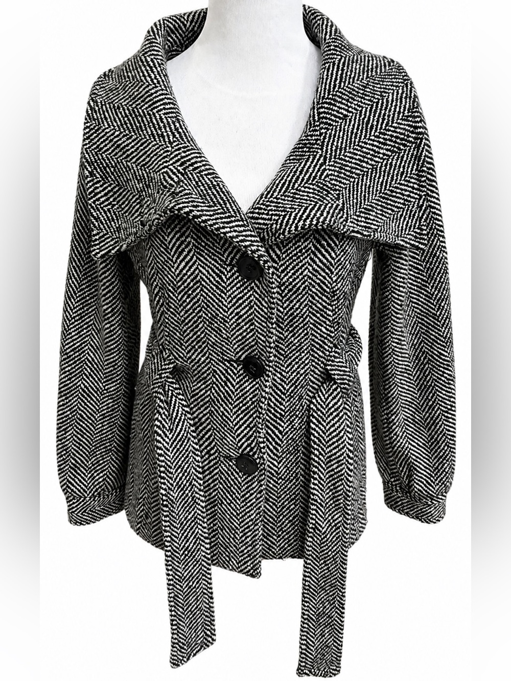 H&M Black and Cream Herringbone Peacoat Jacket Size 6